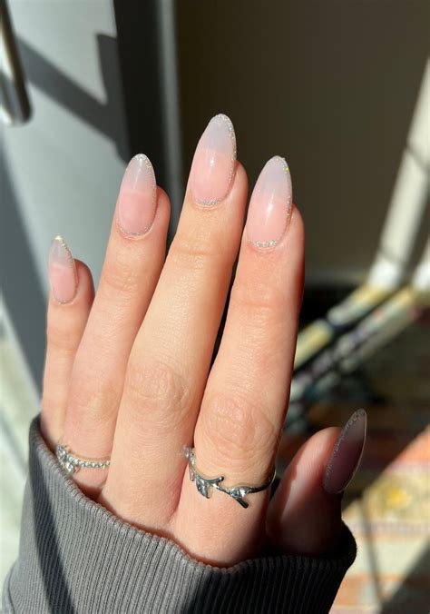 Sparkly Nude Almond Shape Press On Nails Matte Glossy Hand Painted