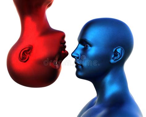 3d Render Portrait Of A Blue Bald Man And A Red Bald Woman Upside Down On A White Background