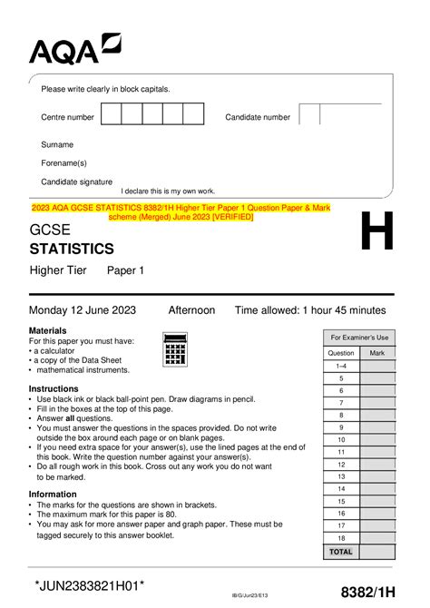 Aqa Gcse Statistics H Higher Tier Paper Question Paper