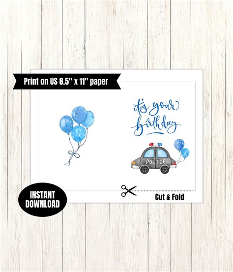 Birthday Police Car Printable Greeting Card Last Minute Cards Birthday