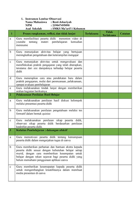 Instrumen Lk 24 Observasi Pertemuan 1 Instrumen Lembar Observasi Nama Mahasiswa Resti