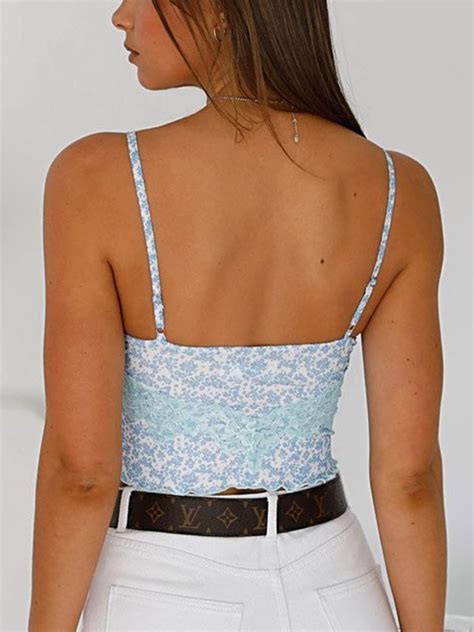 Emmiol Free Shipping Printed Lace Paneled Crop Cami Top Blue S In