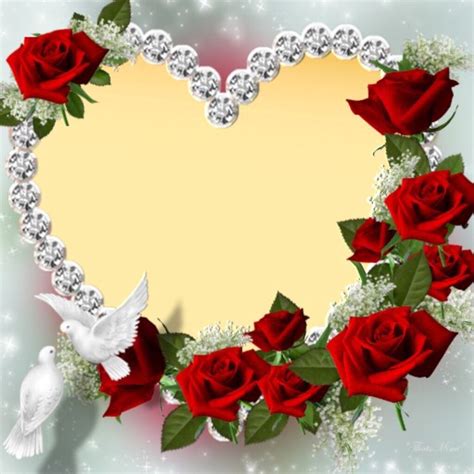 A Heart Shaped Frame With Red Roses And Two White Doves