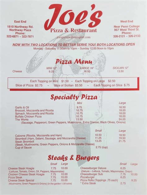 Menu | Joe's Pizza & Restaurant | Williamsport, PA