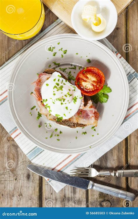 Poached Egg And Bacon On Rye Bread Healthy Breakfast Stock Image