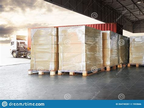 Packaging Boxes Wrapped Plastic On Pallets Loading Into Cargo Container