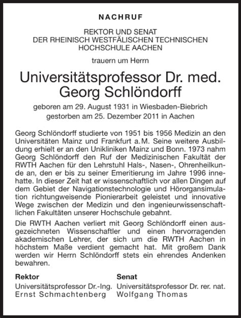 Traueranzeigen Von Universit Tsprofessor Dr Med Georg Schl Ndorff