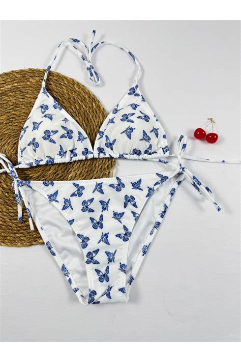 FUNELLA Kelebek Desenli Boyundan Ve Yandan Bağlamalı Şık Kadın Bikini Takımı Fiyatı Yorumları