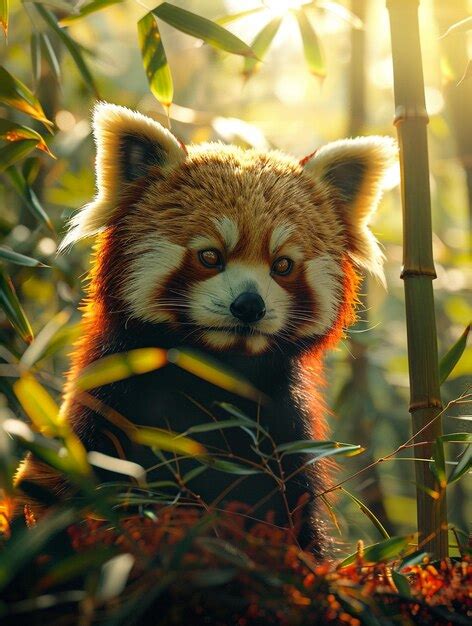 Um panda vermelho está na floresta bambu ao fundo Foto Premium