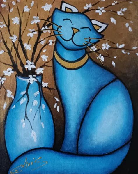 TABLEAU PEINTURE TOILE Le Chat Bleu Aux Fleurs Contemporain Signe