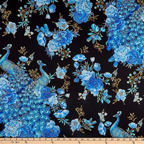 Timeless Treasures Metallic Royal Plume Peacocks And Florals Black Fabric By The Yard