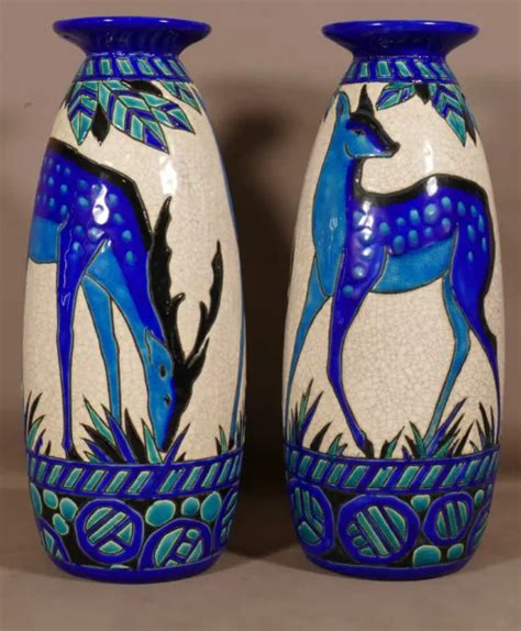 Charles Catteau Keramis Rare Pair Of Faons And Deer Vases Art Deco