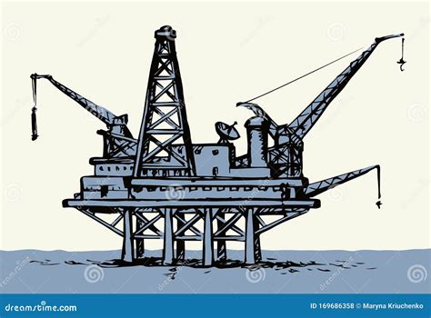 Offshore Oil Rig Vector Ink Style Illustration Stock Vector