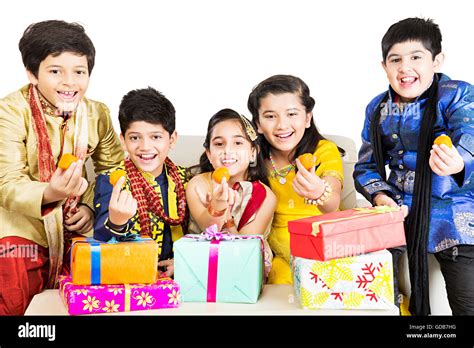 5 Kids Girls And Boys Friends Diwali Festival Sitting Sweets Laddu