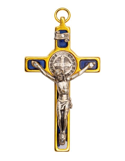 St Benedict Gold Plated Crucifix Blue Vatican Gift