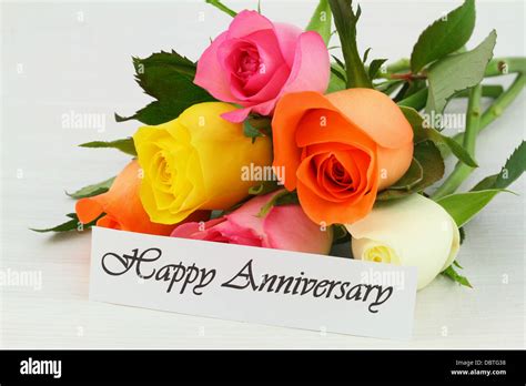 Happy Anniversary card with colorful bouquet of roses Stock Photo - Alamy