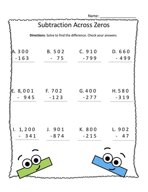 Subtraction With Zeros Worksheets