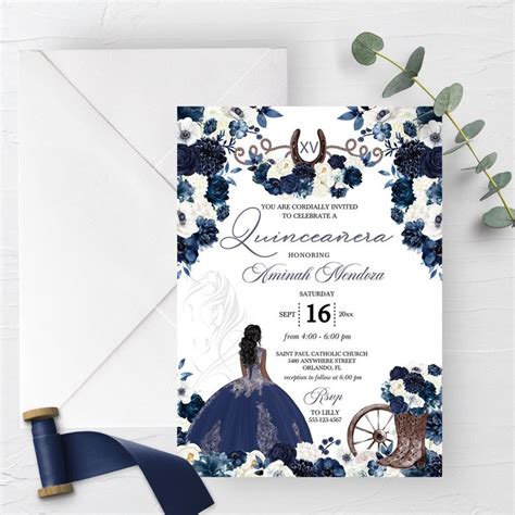 EDITABLE Invitation Navy Blue Western Cowboy Boots Quinceanera Fiesta