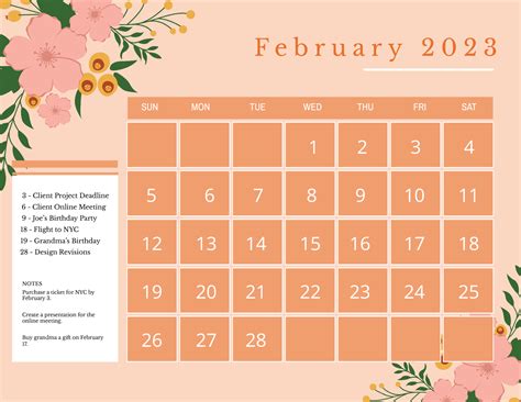 Floral February 2023 Calendar Template In Psd Illustrator Word