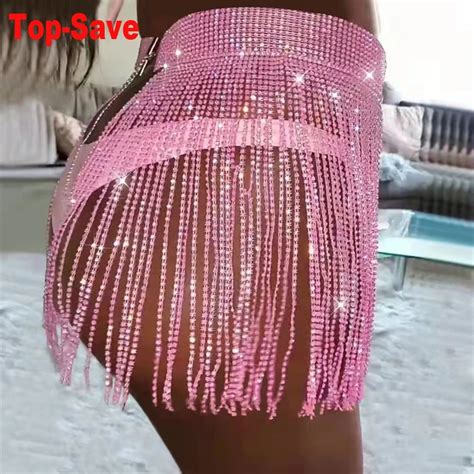 Women Summer Beach Bikini Mini Skirt Glitter Rhinestone Clothing Tassel Skirts Crystal Diamonds