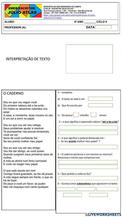 Português Interpretação Interactive Worksheet Live Worksheets