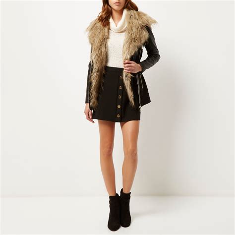 River Island Black Faux Fur Collar Winter Coat In Black Lyst