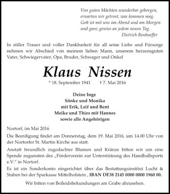 Traueranzeigen Von Klaus Nissen Sh Z Trauer