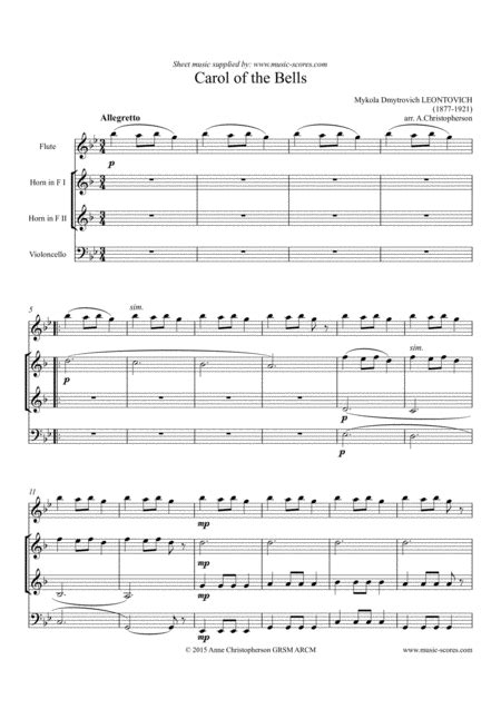 Carol Of The Bells Flute 2 French Horns Cello Arr Anne L