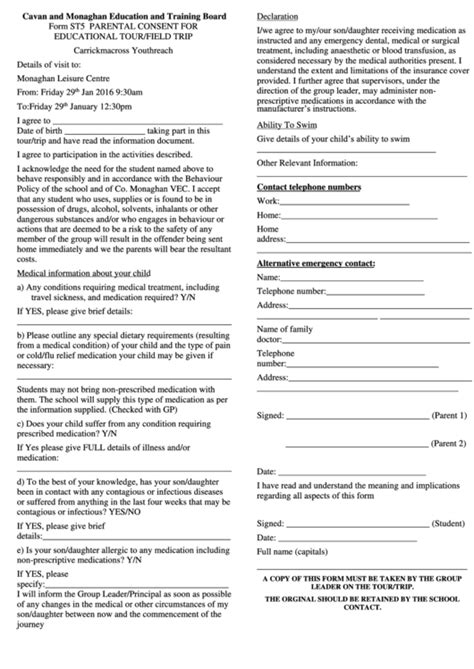Parental Consent For Educational Tourfield Trip Form Printable Pdf