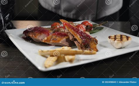 Restaurant Food Concept Chef Presenting His Food Plate In Kitchen Of