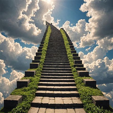 Premium Photo A Stairway Leading Up To A Bright Sky With Clouds In