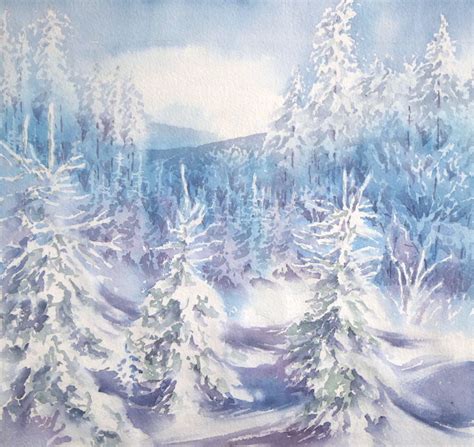 Winterwald 17 Schnee Aquarellmalerei Winter Baum Von Thomas