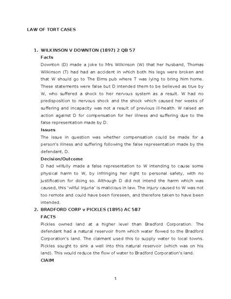 Law Of Tort Cases Summary Law Of Tort Law Of Tort Cases 1