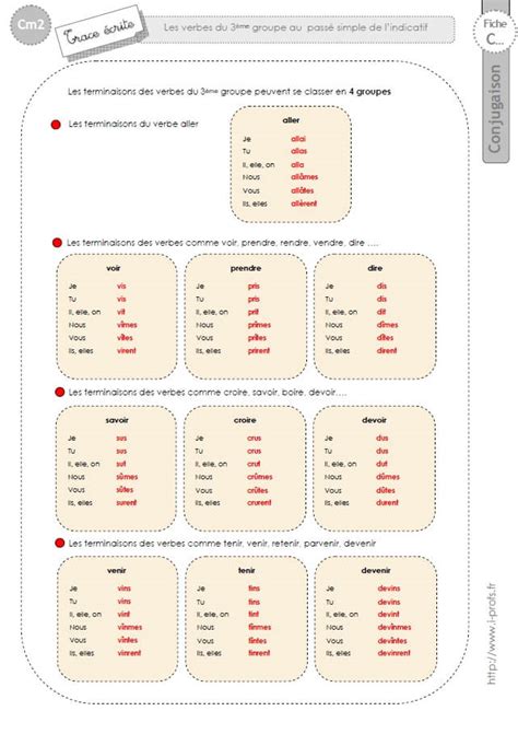 Cm2lecon Conjugaison Corrigés Le Passé Simple Des Verbes Du 3ème Groupe