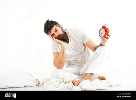 Hipster With Beard And Mustache Overslept Man With Bored Sleepy Face