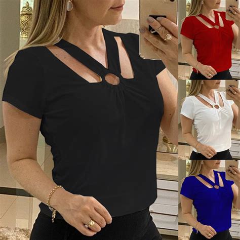 4 Colors New Womens Fashion Summer Short Sleeve Sexy V Neck Shirts