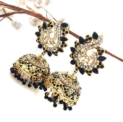 JHUMKAS Black PEACOCK Jhumka Earrings Peacock Earringsgold Etsy