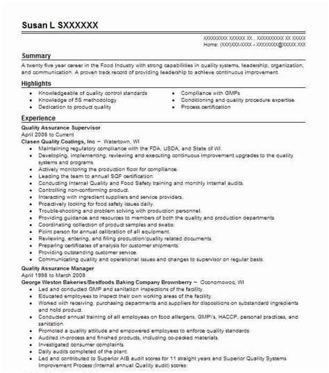 Quality Assurance Supervisor Resume Example