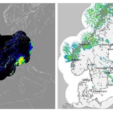 Spatial coverage of the NIMROD (left) and NORDRAD (right) weather radar ...