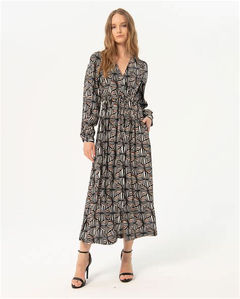 Printed Crepe Belted Long Dress Black Women Surkana