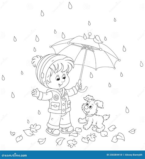Boy And Puppy Hiding From The Rain Under An Umbrella Stock Vector