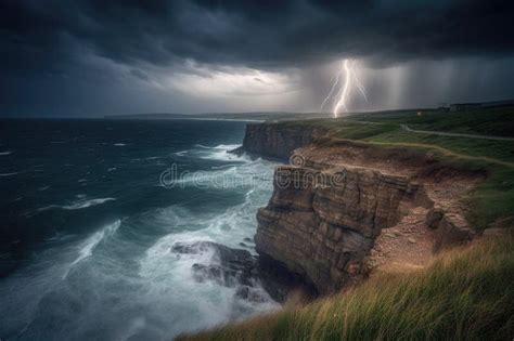 Coastal Cliff With View Of Stormy Sea And Lightning Strikes Stock