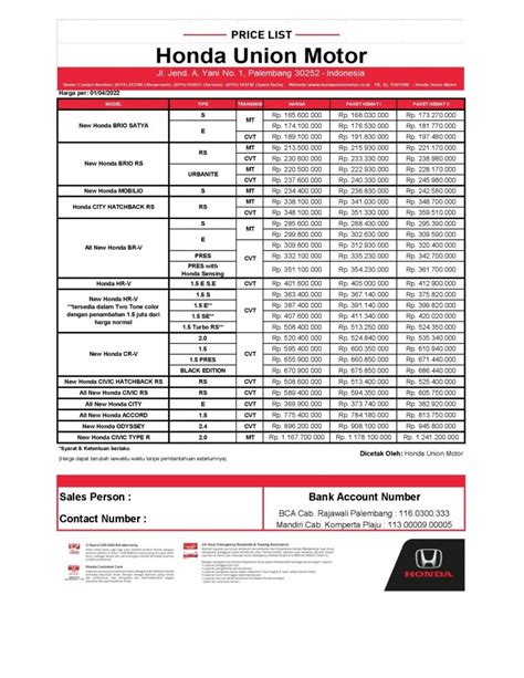 PRICELIST HONDA Honda Union Motor