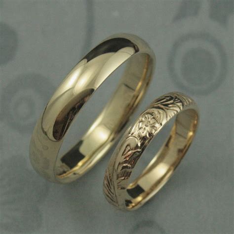 Yellow Gold Wedding Band Setcomfort Fit Band and Floral - Etsy