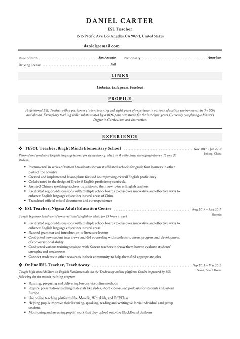 Esl Teacher Resume Sample Writing Guide Resumeviking