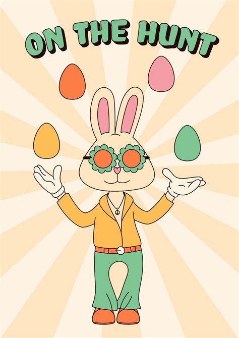 Groovy Hippie Happy Easter Posters Easter Bunny Vector Card In Trendy