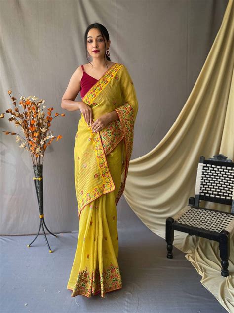 Buy Online Pure Tissue Silk Saree With Kashmiri Embroidery Work