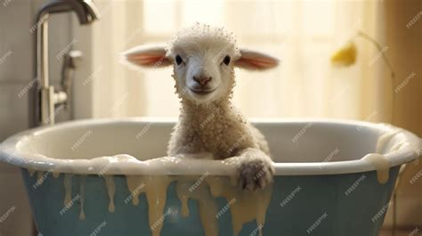 Premium Photo Cute Baby Sheep Sitting In Bathtub
