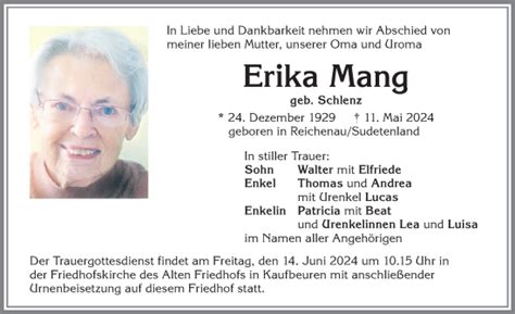 Traueranzeigen Von Erika Mang Allg Uer Zeitung