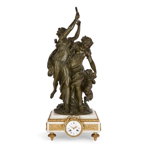 Large Gilt Patinated Bronze And Marble Clock Set By Raingo Fr Res For